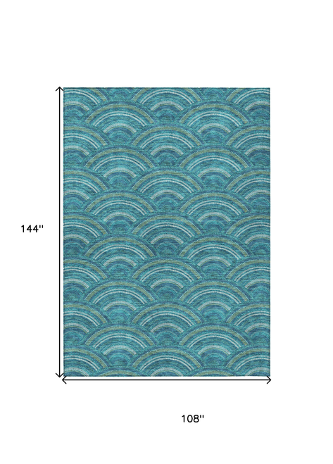 9' X 12' Teal Blue Fern Green And Ivory Geometric Washable Indoor Outdoor Area Rug