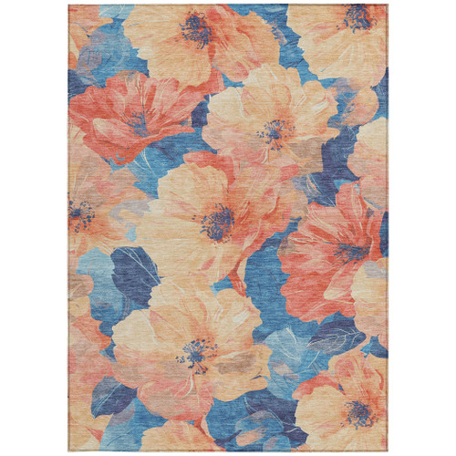 10' X 14' Peach And Blue Floral Washable Indoor Outdoor Area Rug