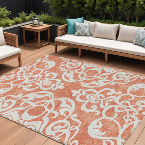 10' X 14' Coral And Ivory Damask Washable Indoor Outdoor Area Rug