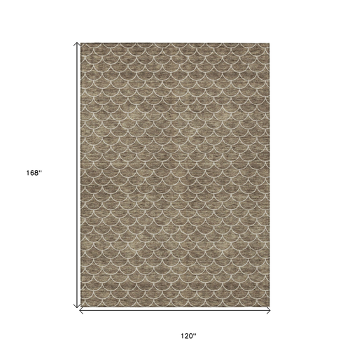 10' X 14' Brown And Beige Geometric Washable Indoor Outdoor Area Rug