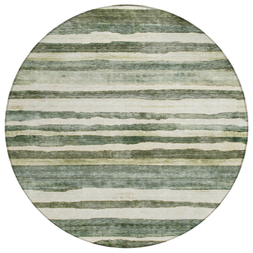 8' Sage And Beige Round Striped Washable Indoor Outdoor Area Rug