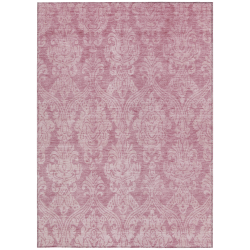 8' X 10' Pink And Ivory Damask Washable Indoor Outdoor Area Rug