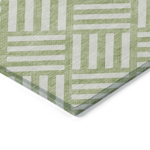 8' Artichoke Green And Ivory Round Geometric Washable Indoor Outdoor Area Rug