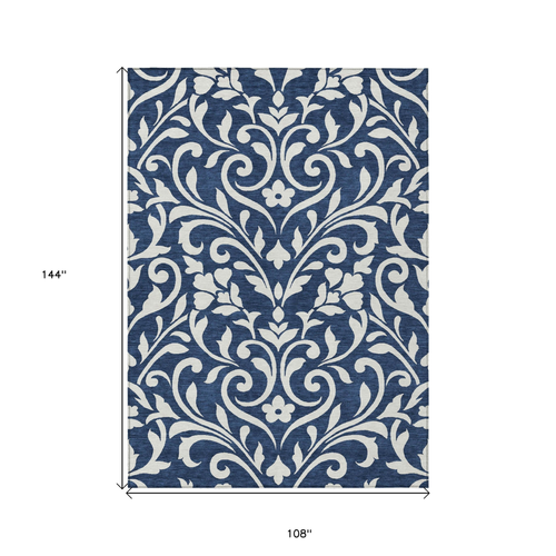 9' X 12' Navy Blue And Ivory Floral Washable Indoor Outdoor Area Rug