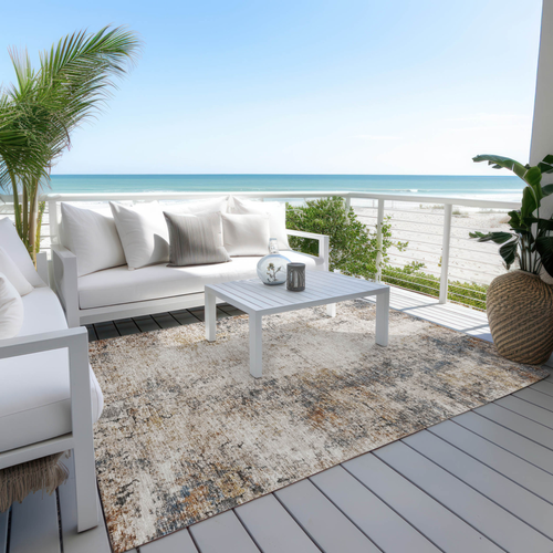 9' X 12' Ivory Blue And Copper Abstract Washable Indoor Outdoor Area Rug