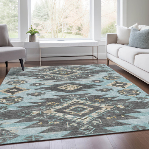 8' X 10' Teal Blue And Charcoal Tribal Washable Indoor Outdoor Area Rug