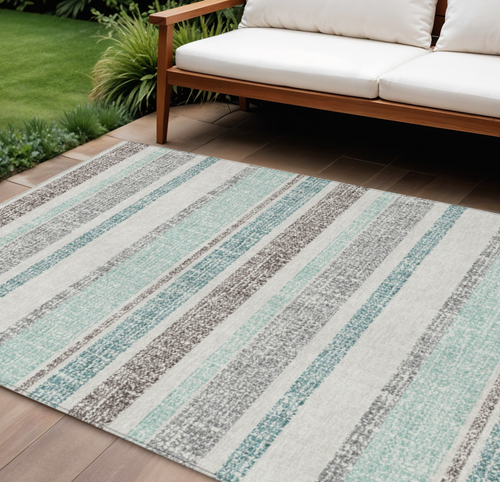 9' X 12' Teal Blue And Gray Striped Washable Indoor Outdoor Area Rug
