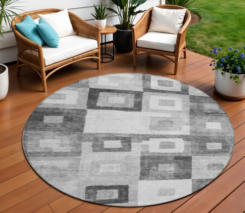 8' Gray And Charcoal Round Geometric Washable Indoor Outdoor Area Rug - Gray, Charcoal