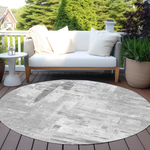 8' Gray And Off White Round Abstract Washable Indoor Outdoor Area Rug