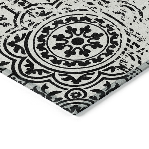 9' X 12' Black And Ivory Medallion Washable Indoor Outdoor Area Rug