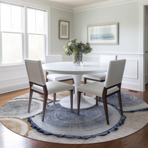 8' Round Beige Blue and Gold Round Faux Bois Washable Non Skid Indoor Outdoor Area Rug