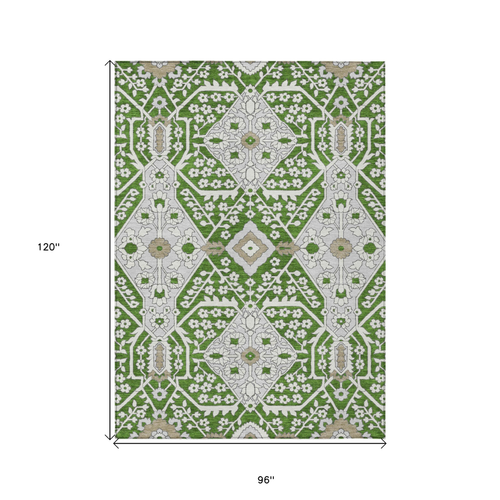 8' X 10' Green Gray And Taupe Floral Washable Indoor Outdoor Area Rug