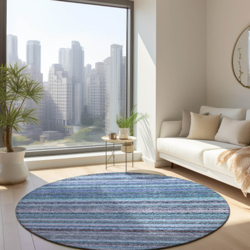 8' Sky Blue Blue And Navy Blue Round Striped Washable Indoor Outdoor Area Rug