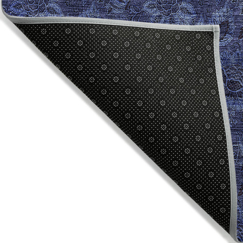 9' X 12' Navy Blue And Charcoal Floral Washable Indoor Outdoor Area Rug