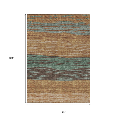 10' X 14' Terra Cotta Copper And Beige Striped Washable Indoor Outdoor Area Rug