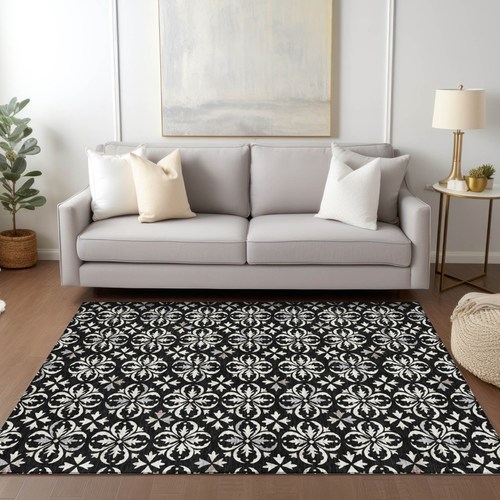 9' X 12' Black And Ivory Floral Washable Indoor Outdoor Area Rug