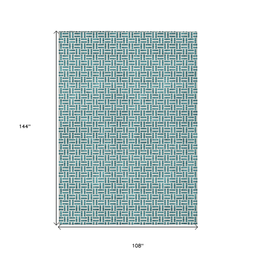 9' X 12' Teal Blue And Silver Geometric Washable Indoor Outdoor Area Rug