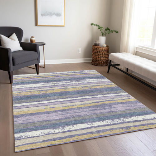 9' X 12' Purple Ivory And Beige Striped Washable Indoor Outdoor Area Rug