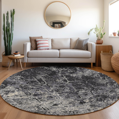 8' Black Gray And Silver Round Geometric Washable Indoor Outdoor Area Rug