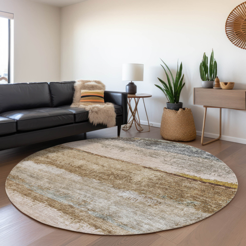 8' Beige Brown And Gray Round Abstract Washable Indoor Outdoor Area Rug