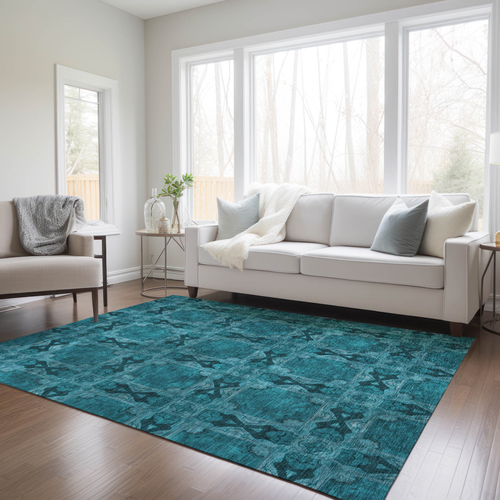 10' X 14' Teal Floral Medallion Washable Non Skid Indoor Outdoor Area Rug