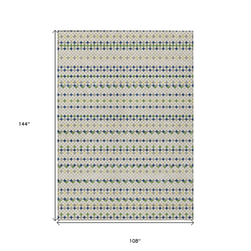 9' X 12' Linen And Lime Green Striped Washable Indoor Outdoor Area Rug