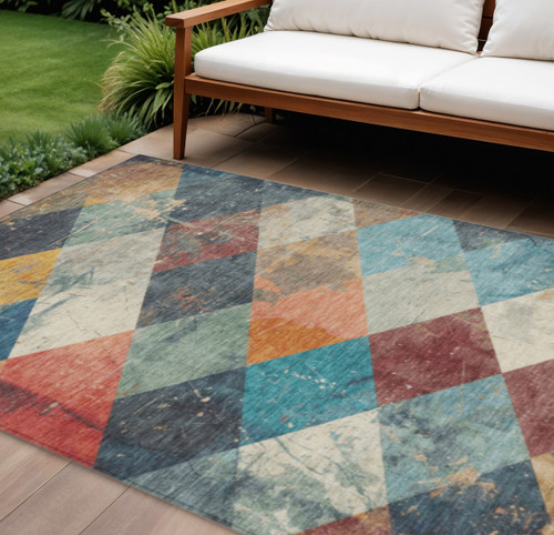 10' X 14' Navy Blue And Gold Geometric Washable Indoor Outdoor Area Rug