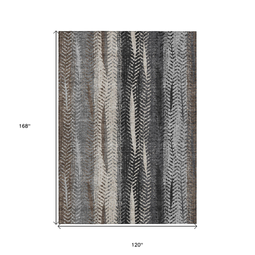 10' X 14' Brown Gray And Ivory Botanical Leaves Washable Indoor Outdoor Area Rug