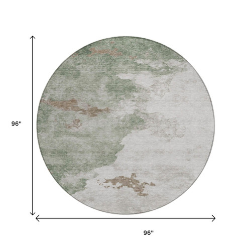 8' Artichoke Green And Linen Round Abstract Washable Indoor Outdoor Area Rug