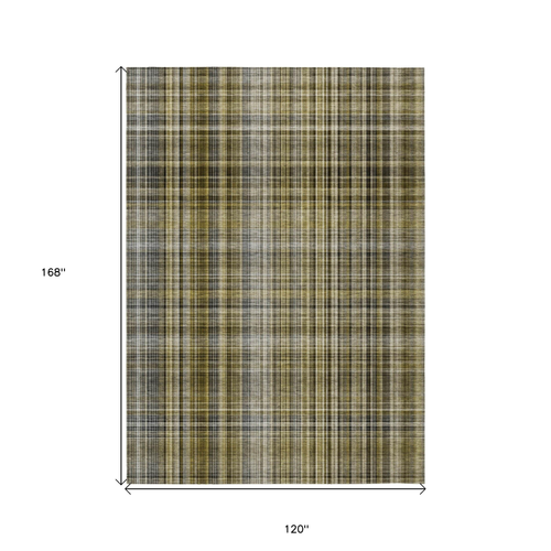 10' X 14' Green Beige and Gray Plaid Washable Non Skid Indoor Outdoor Area Rug