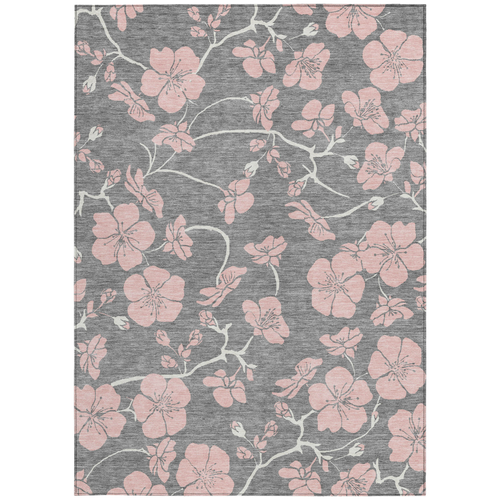 9' X 12' Gray Pink And Ivory Floral Washable Indoor Outdoor Area Rug