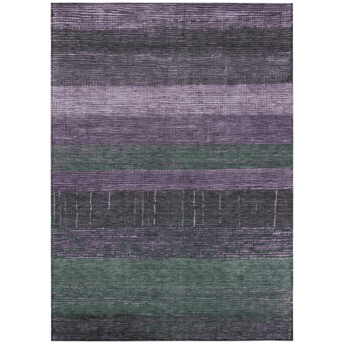 9' X 12' Purple And Olive Green Striped Washable Indoor Outdoor Area Rug