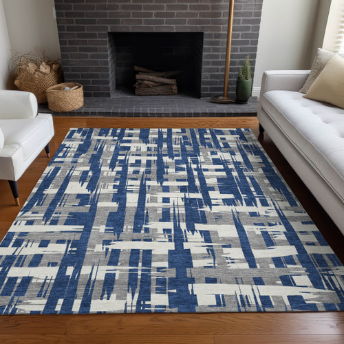 8' X 10' Navy Blue Gray And Ivory Striped Washable Indoor Outdoor Area Rug - Navy Blue, Gray, Ivory