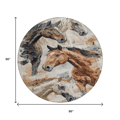 8' Beige Charcoal And Brown Round Horse Washable Indoor Outdoor Area Rug