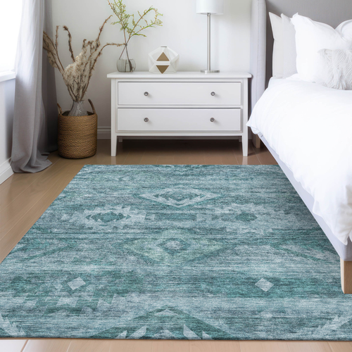 9' X 12' Teal Blue And Aqua Southwestern Washable Indoor Outdoor Area Rug