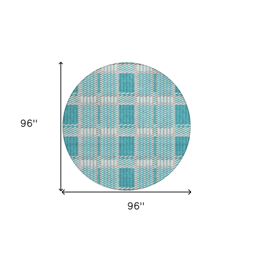 8' Teal Blue Gray And Ivory Round Plaid Washable Indoor Outdoor Area Rug