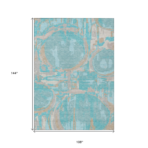 9' X 12' Teal Blue Aqua And Taupe Geometric Washable Indoor Outdoor Area Rug