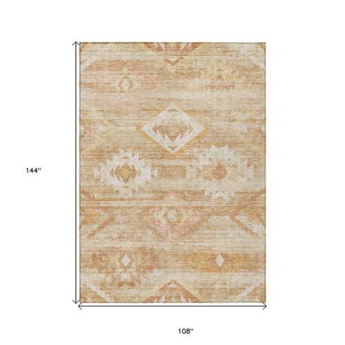 9' X 12' Copper Terra Cotta And Ivory Southwestern Washable Indoor Outdoor Area Rug