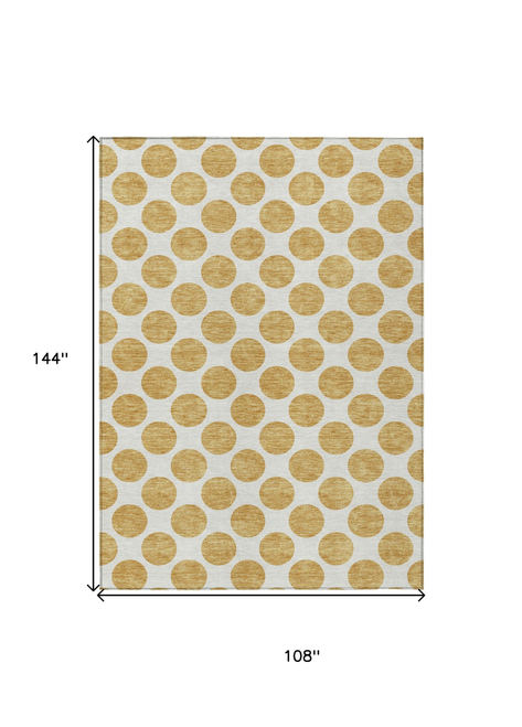 9' X 12' Gold And Ivory Polka Dot Washable Indoor Outdoor Area Rug