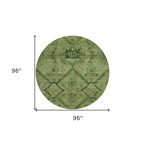 8' Olive Green Fern Green And Artichoke Green Round Floral Washable Indoor Outdoor Area Rug