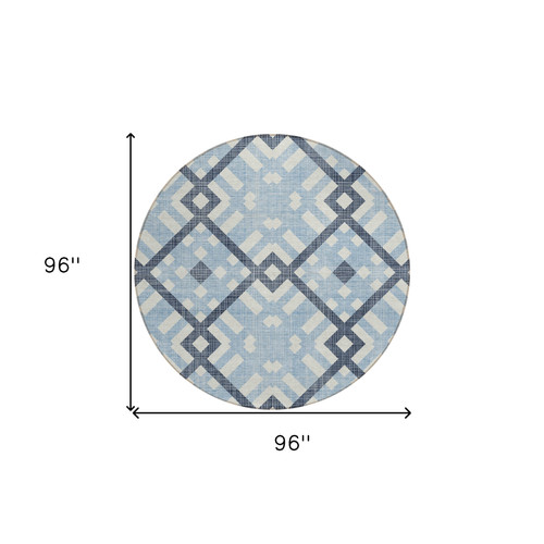 8' Sky Blue Navy Blue And Ivory Round Geometric Washable Indoor Outdoor Area Rug