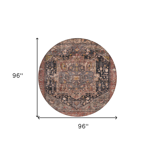 8' Charcoal Round Medallion Washable Indoor Outdoor Area Rug