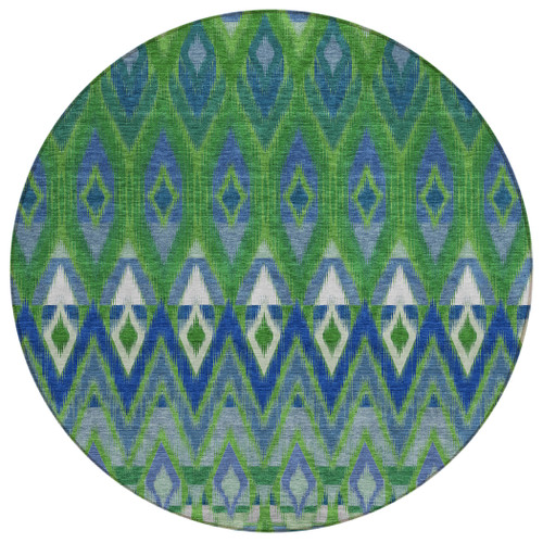 8' Green And Blue Round Southwestern Washable Indoor Outdoor Area Rug