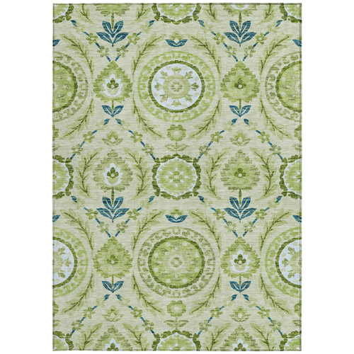 10' X 14' Artichoke Green Olive Green And Blue Floral Washable Indoor Outdoor Area Rug