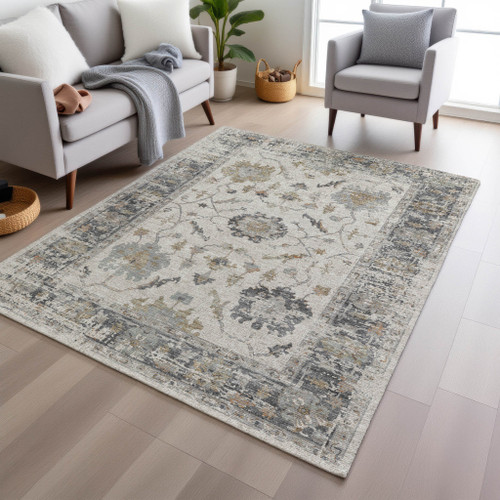 8' X 10' Ivory And Gray Floral Washable Indoor Outdoor Area Rug - Ivory, Gray