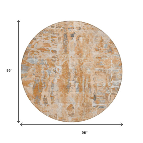 8' Orange And Gray Round Abstract Washable Indoor Outdoor Area Rug - Orange, Gray