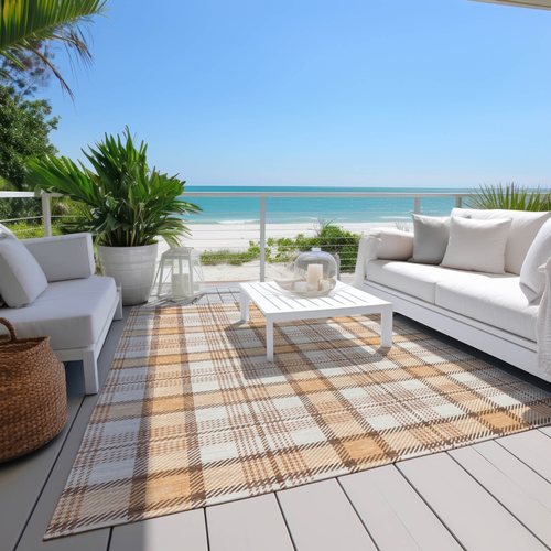 10' X 14' Peach And Beige Plaid Washable Indoor Outdoor Area Rug