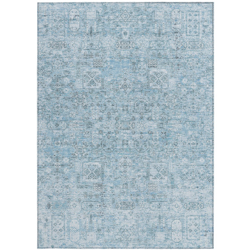 8' X 10' Sky Blue And Denim Blue Floral Washable Indoor Outdoor Area Rug