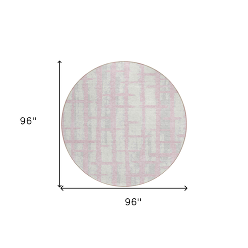 8' Pink Gray And Ivory Round Striped Washable Indoor Outdoor Area Rug