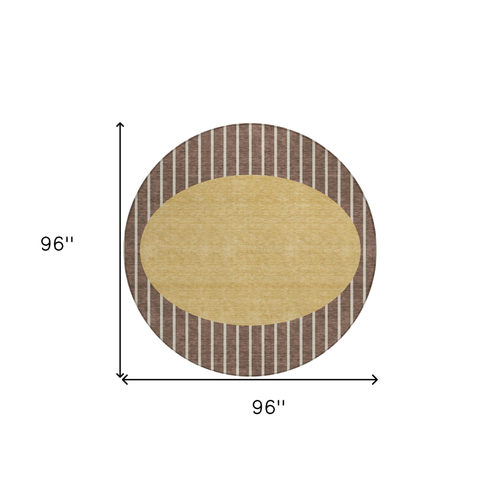 8' Brown And Beige Round Striped Washable Indoor Outdoor Area Rug